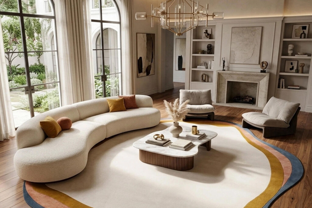 Round white couch on a living room