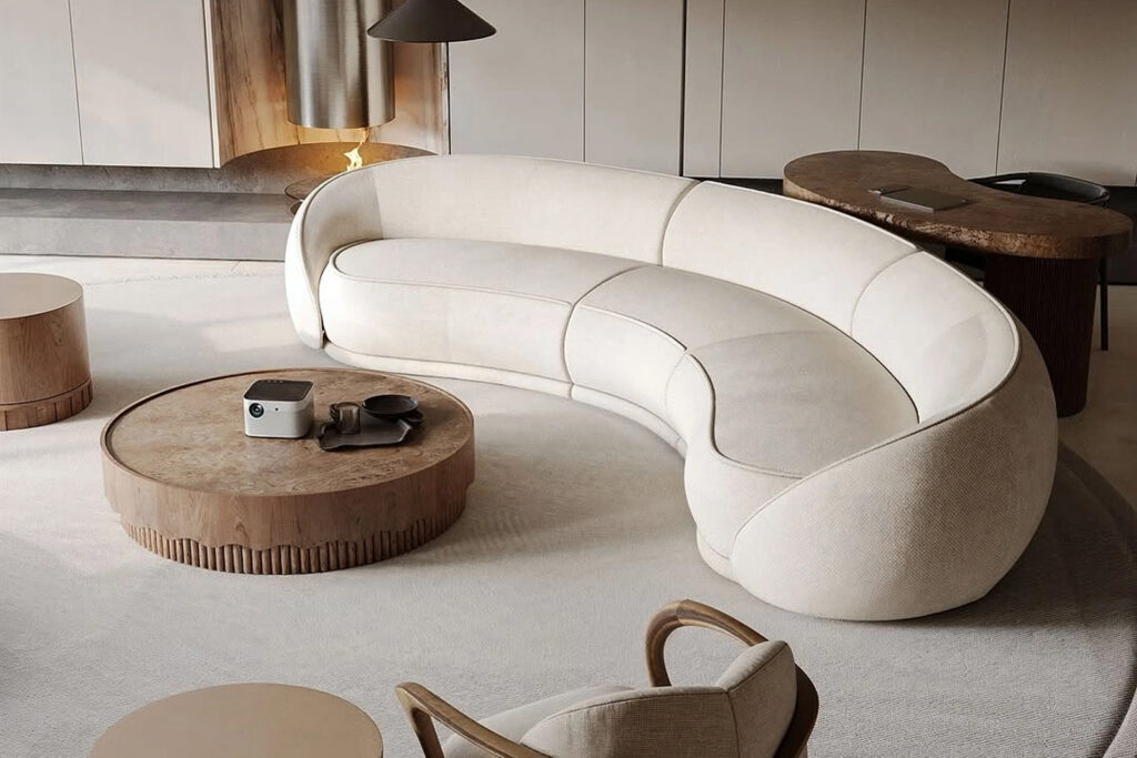 round white couch with dark brown furniture